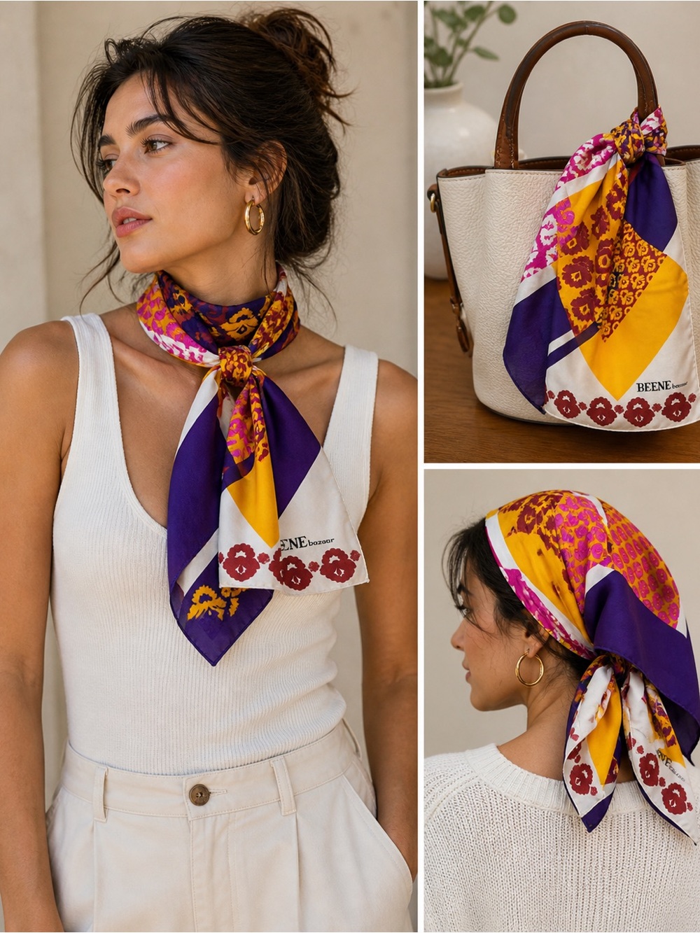 VTG Beene Bazaar Silk Scarf Geometric Floral Colorblock Pink Yellow Purple 30”